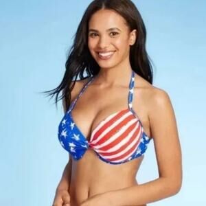 NWT Xhilaration Women’s Patriotic Halter Tie Swimsuit Swim Top Size S Blue Red